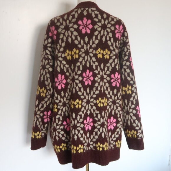 ZARA Oversized Chunky Floral Knit Cardigan Sweater Brown Pink Yellow Size M - Picture 13 of 16